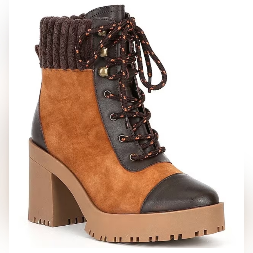 Chelsea & Violet Ziara high heel cognac Brown hiking Lug boots leather Zip Lace